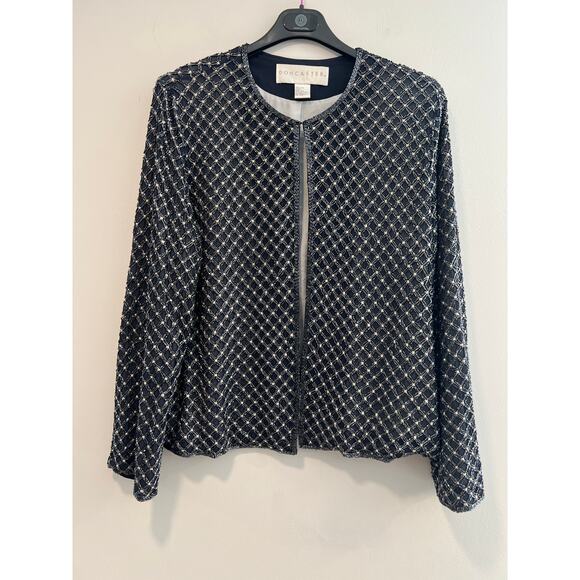 Doncaster 100% Silk Heavily Beaded Cocktail Jacket Black Silver Size 14 JJ - Picture 1 of 11